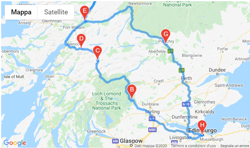 mappa tour di un giorno nelle highlands